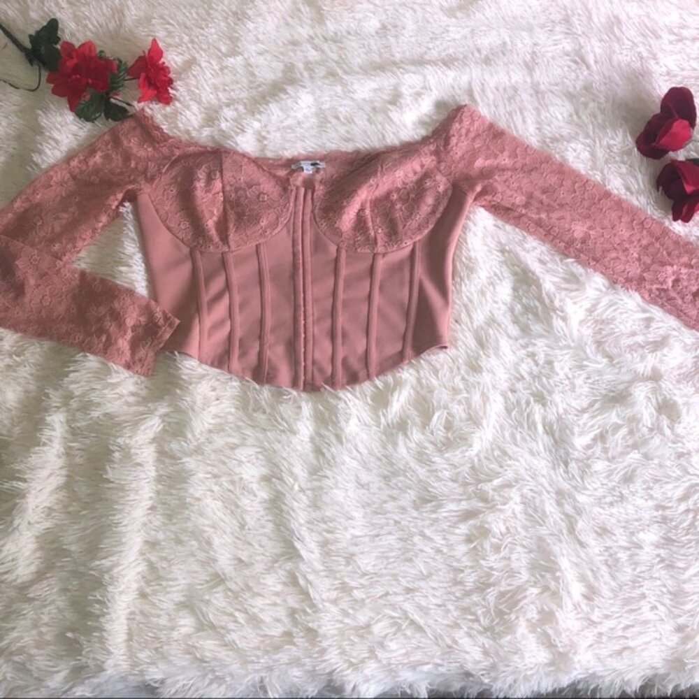 Pink lace corset top with lace sleeves
